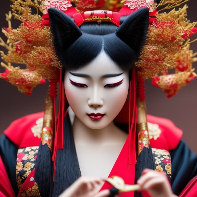 Fox Spirit Woman in Kimono at Japanese Temple