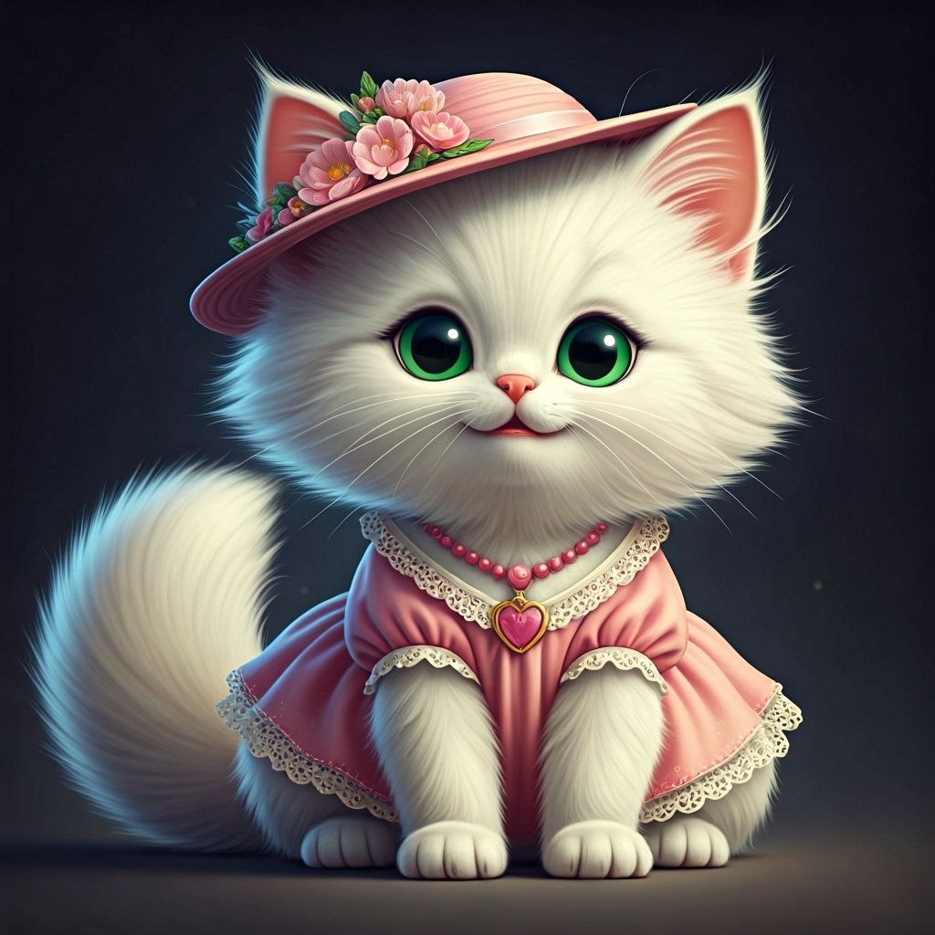 Adorable 3D Kitten in Pink Outfit, Cartoon Style