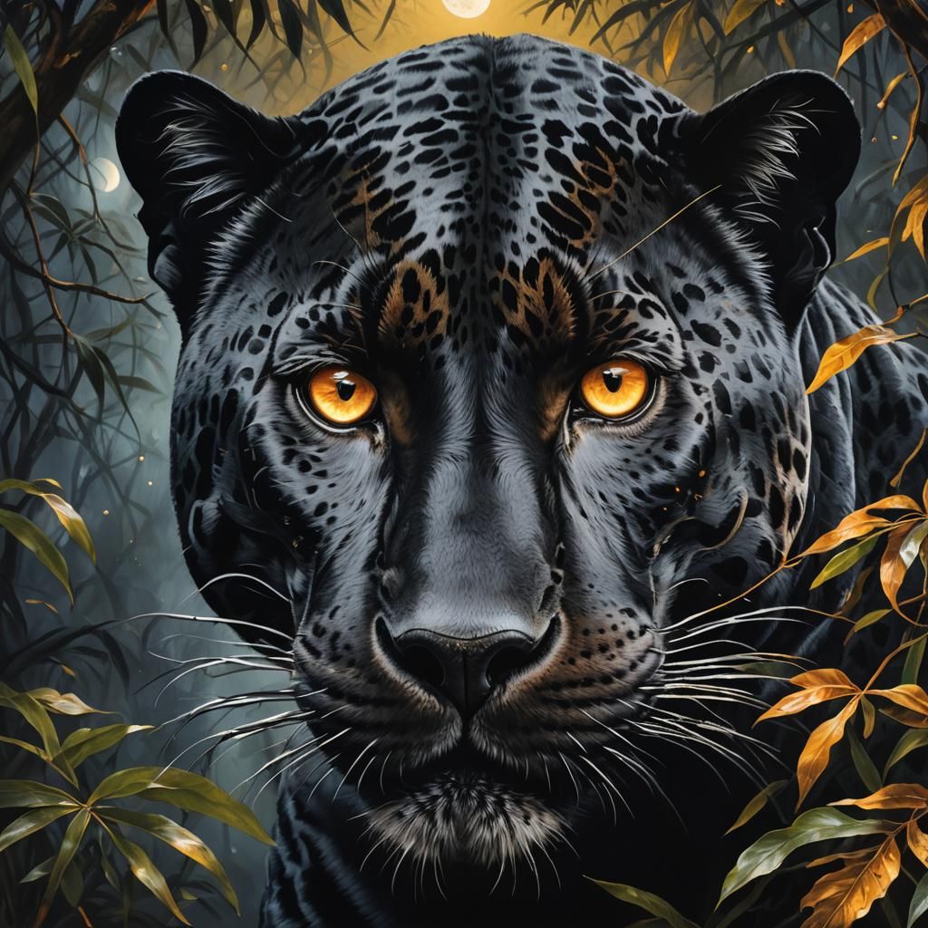 Ink Black Jaguar Portrait in Matte Oil Painting