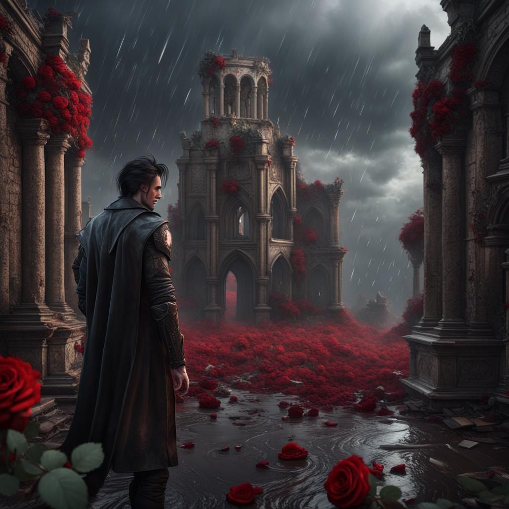 Gothic Man with Rose in Stormy Ruins
