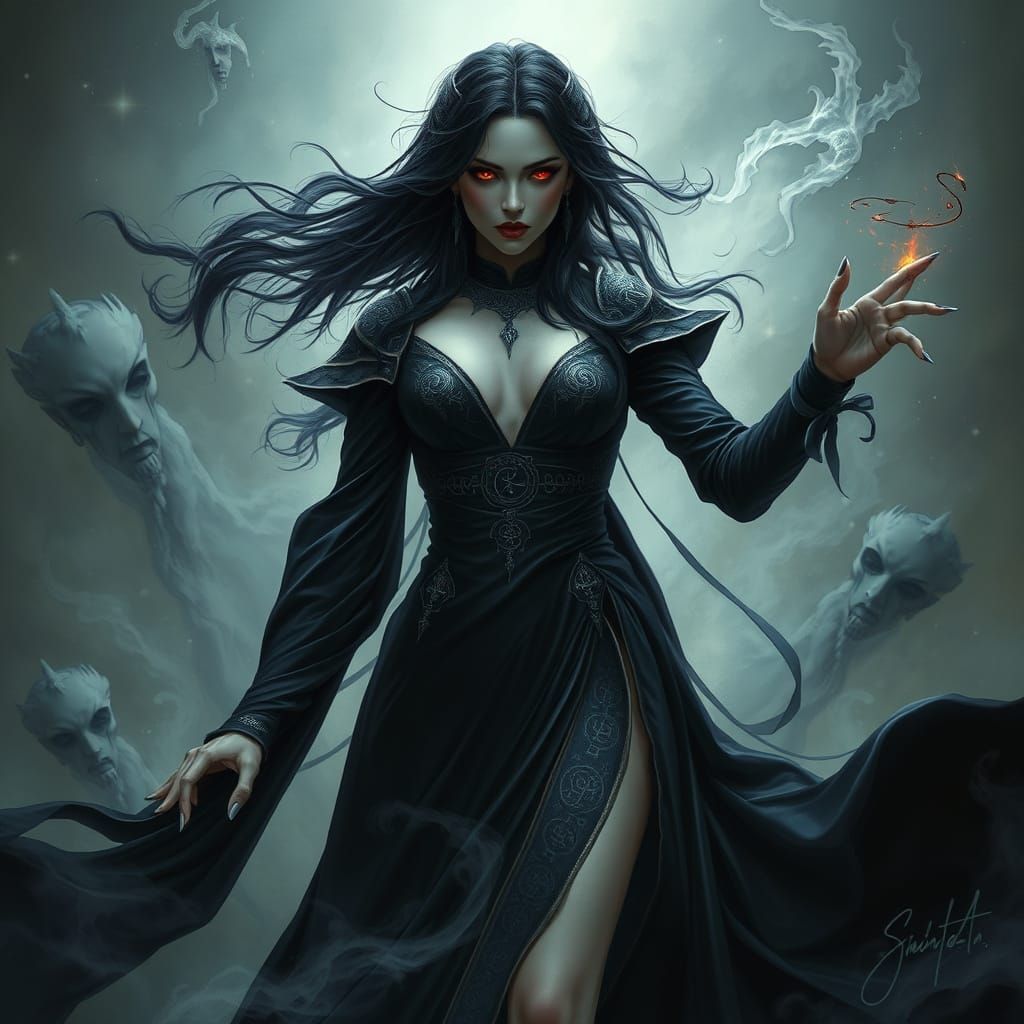 Enchanting Sorceress in Gown with Silver Runes