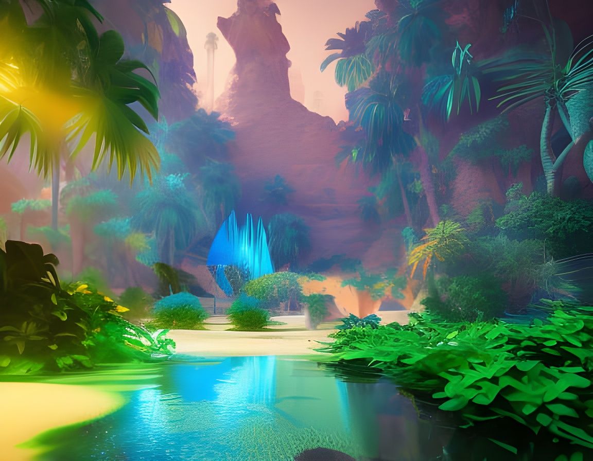 shady oasis 8k resolution concept art dynamic lighting hyper...