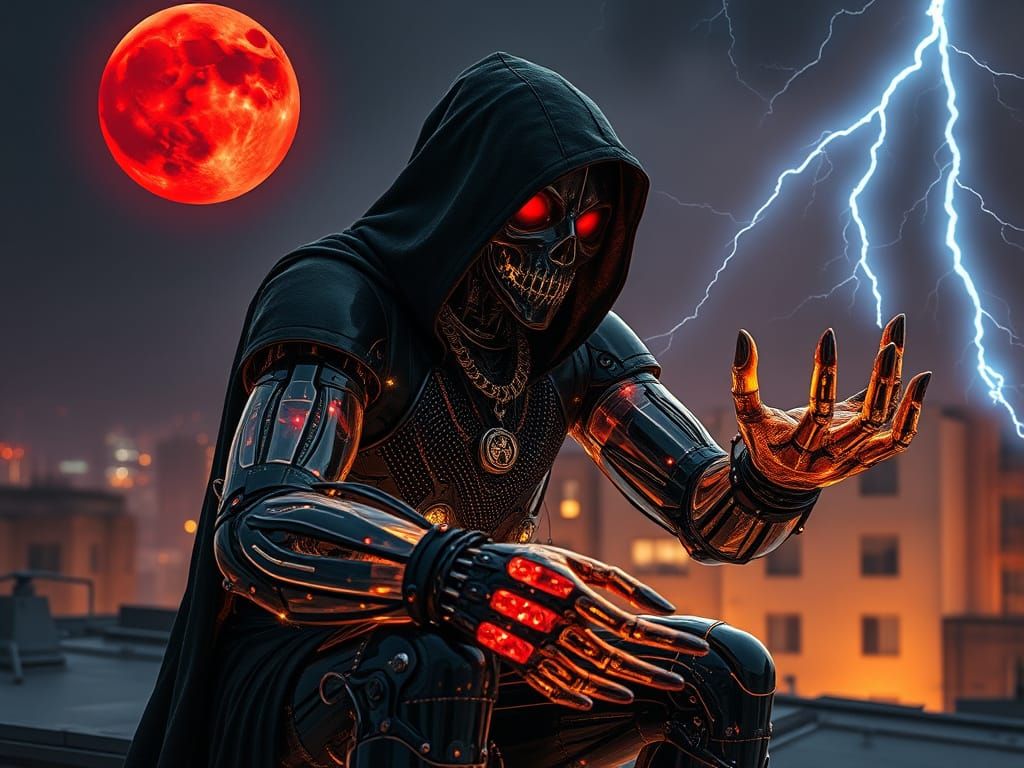 Cybernetic Vampire Assassin Robot Under Red Moonlight