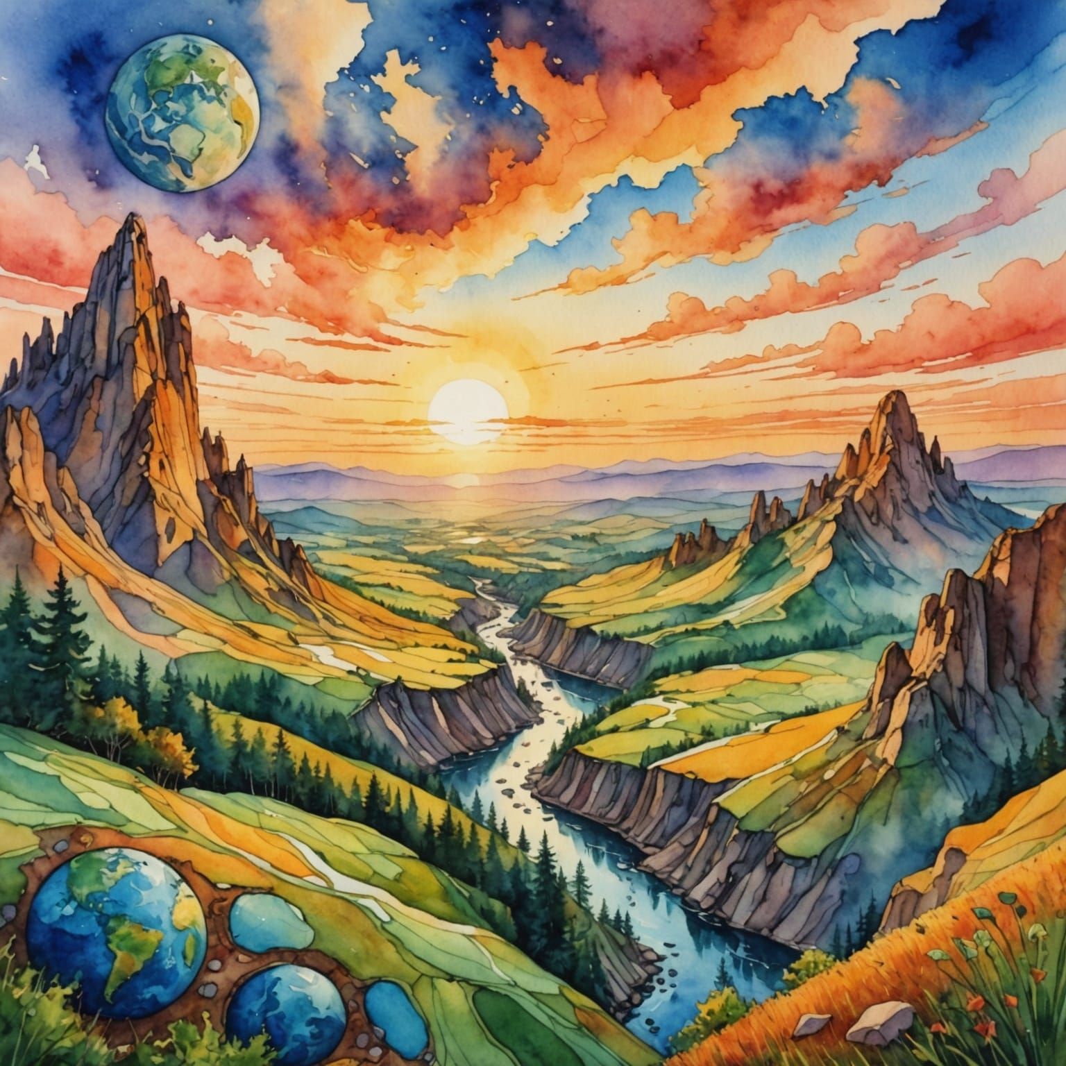 Majestic Earth Landscape in Watercolor Style