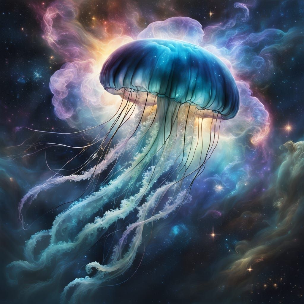 Bioluminescent Jellyfish Drifting Through a Nebula