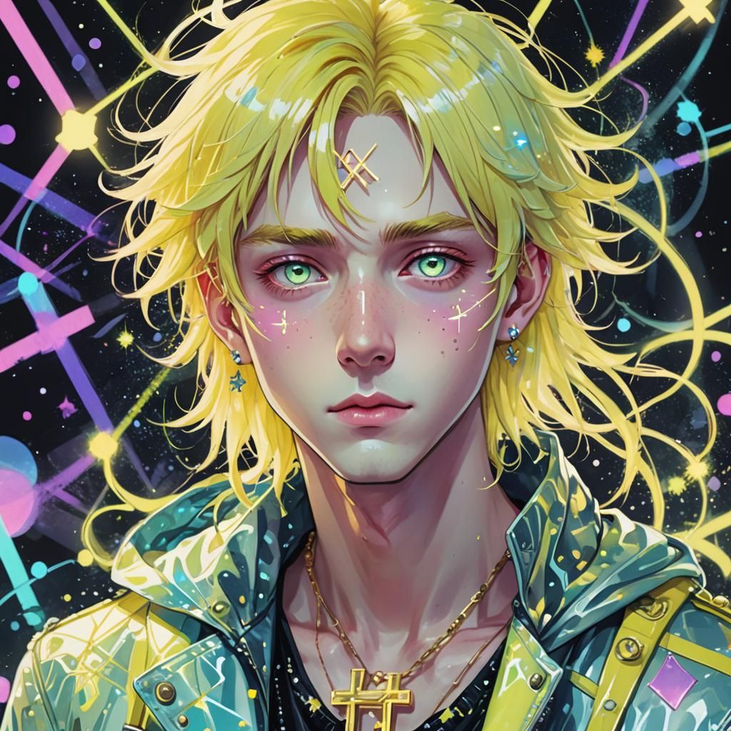 Kawaii Anime Guy with Neon Accents in Pastel Colors