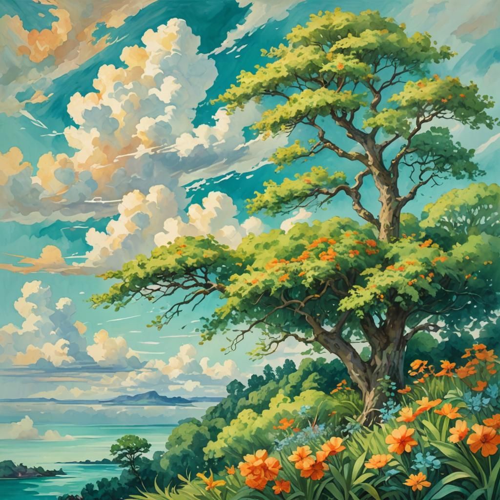 Lush Spring Island in the Sky: Impressionist Masterpiece