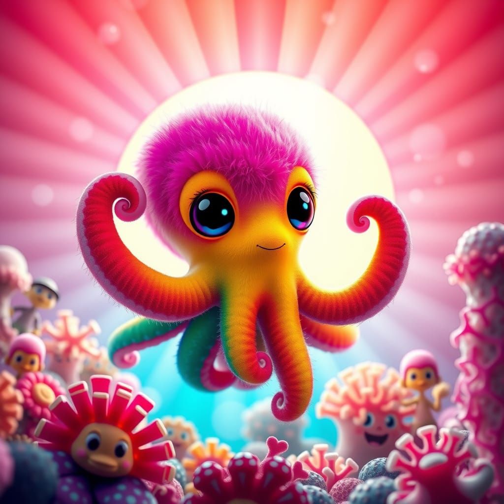 Cute Kawaii Baby Octopus in Vibrant Coral Reef Scene