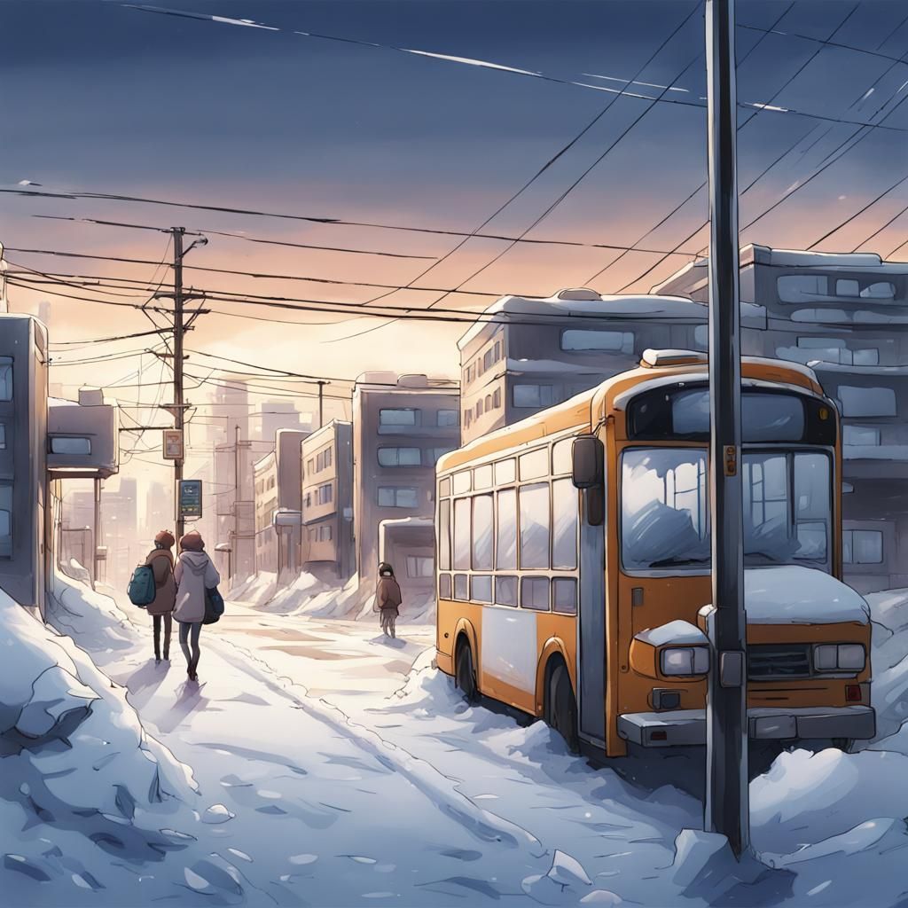 Winter Bus Stop in Anime Style