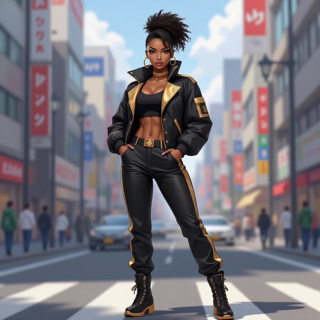 Anime African Woman Strides Through Shibuya
