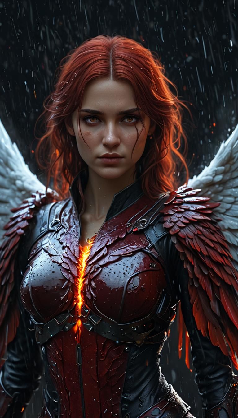 Crimson Angel Wings, Blood and Fire Raining from the sky, Sorrow filled eyes, Seductress energy