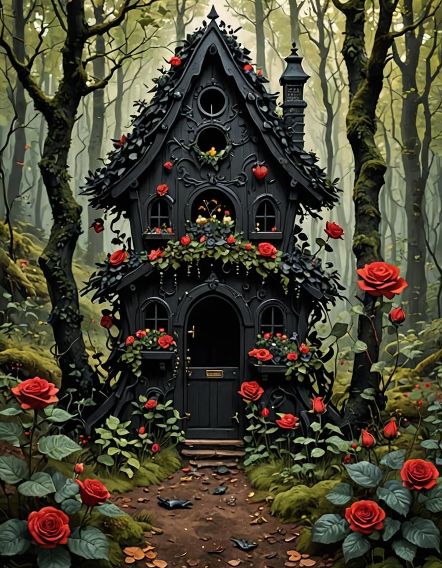Enchanted Cottage in Dark Forest with Black Roses