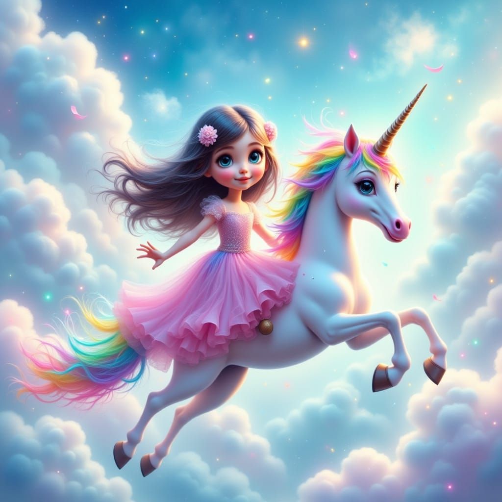 Whimsical Girl and Unicorn Soar Through a Vibrant Dreamscape