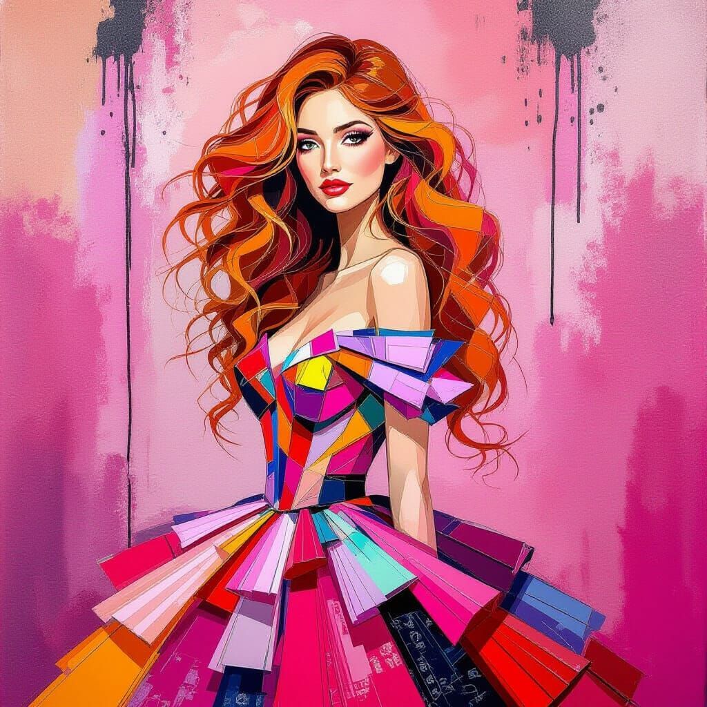 Abstract Cubist Portrait of Auburn-Haired Model