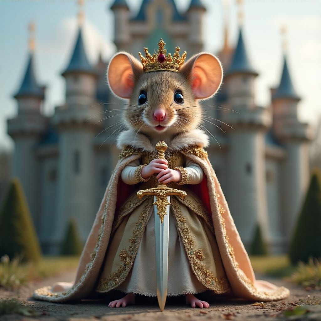 Mouse Queen in Regal Attire with Golden Sword