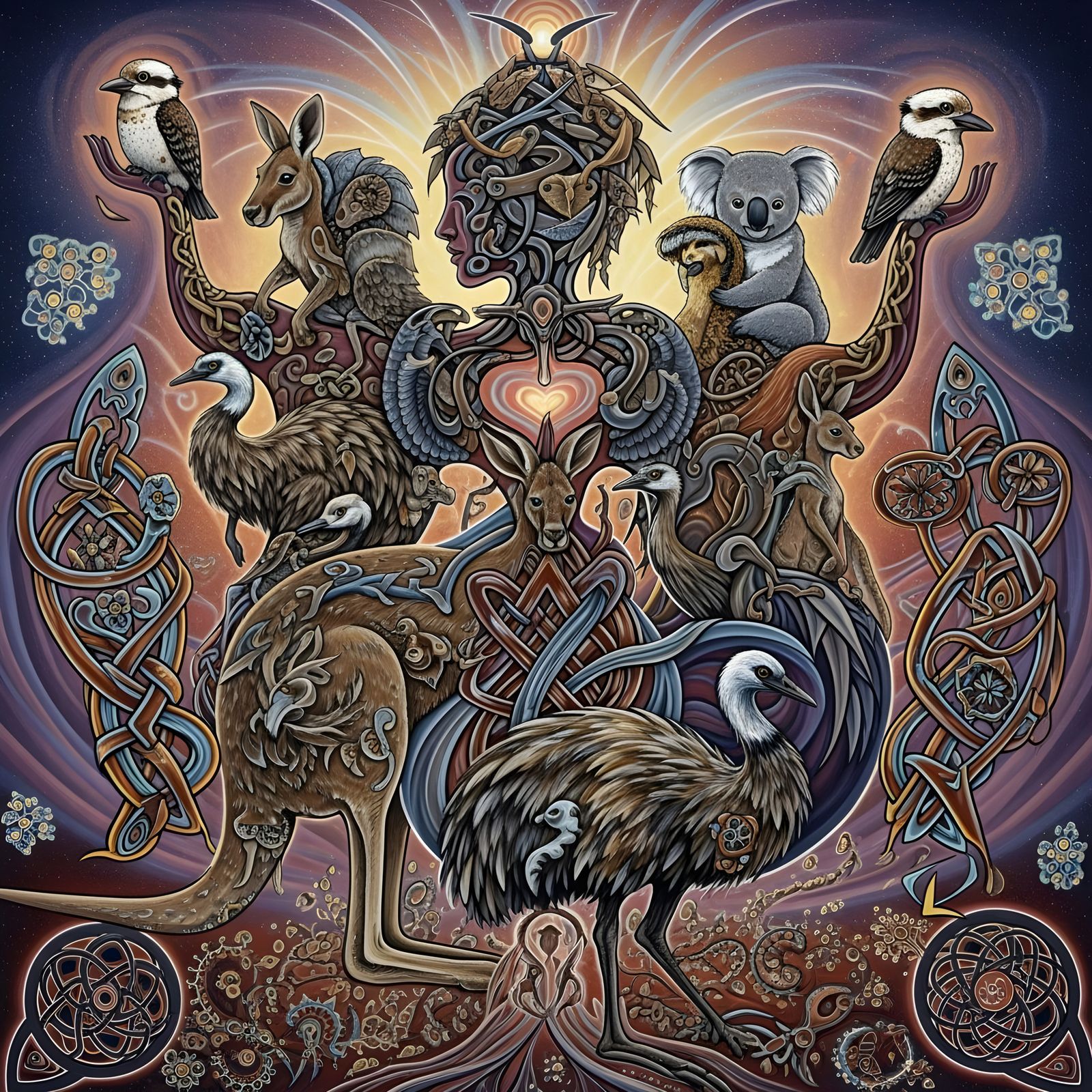 Australian Native Animals in Quantum Zentangle Style