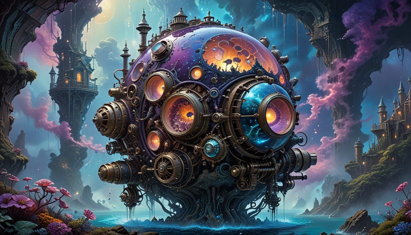 Coral Reef City Inside Geode with Bioluminescent Life