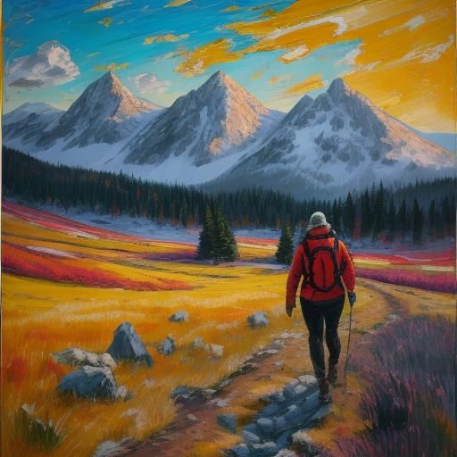 Woman Hiking with Mastiff: Impasto Oil Painting