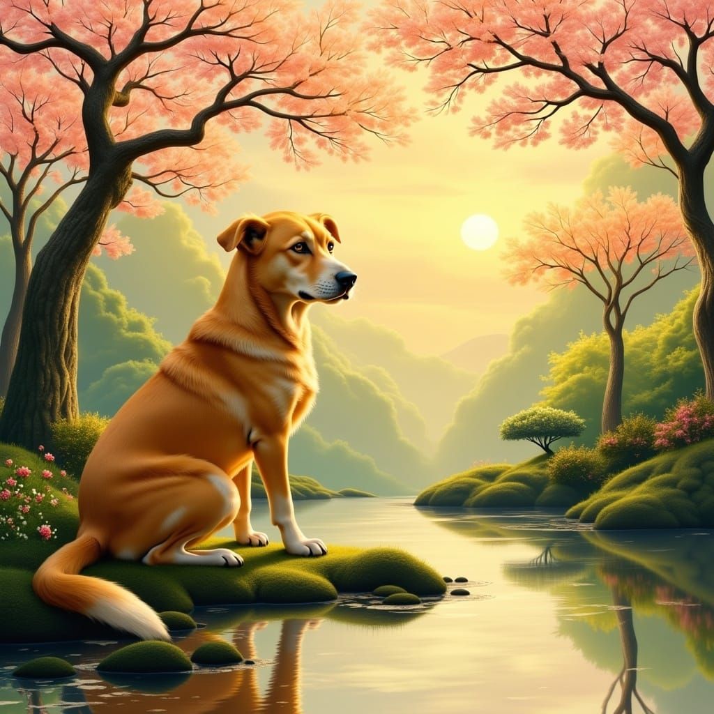 Serene Dog in Golden Light, Surrounded by Cherry Blossoms in...