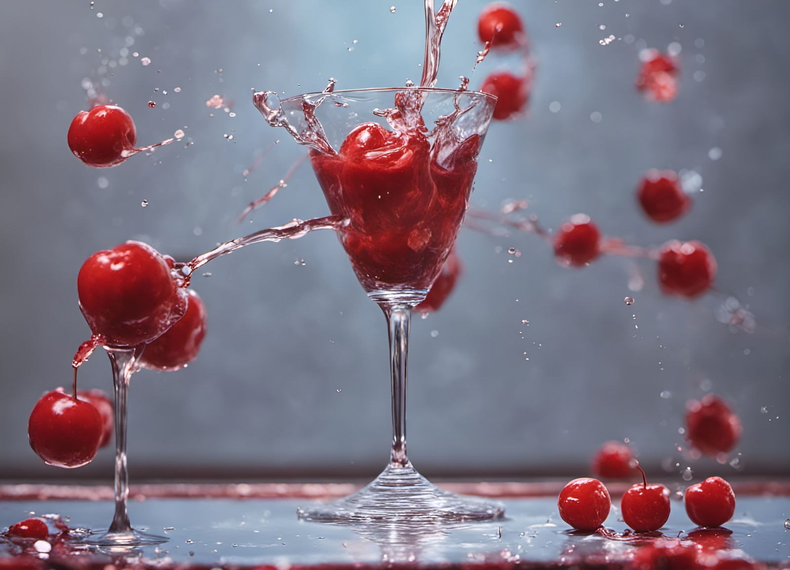 red cherries splashing into a cocktail glass on a mirrored table covered in water. Blue lit background.