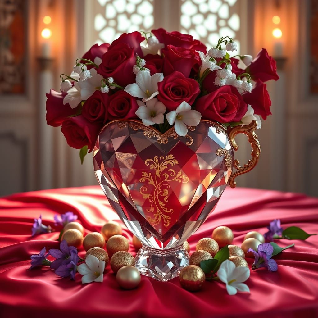 Luxurious Crystal Heart Amidst Whimsical Floral Wonderland