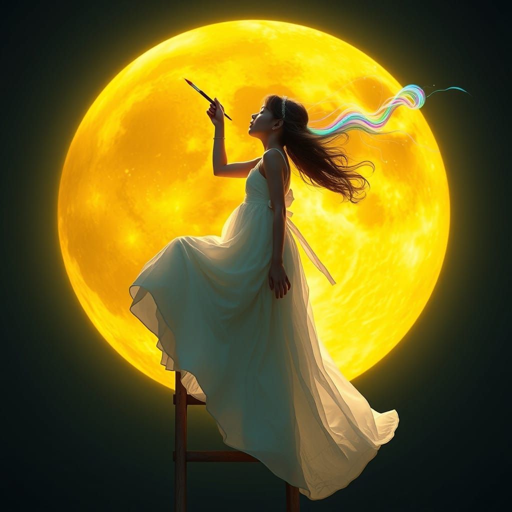 Whimsical Moonlit Goddess Painting in a Dreamlike Cyberpunk...