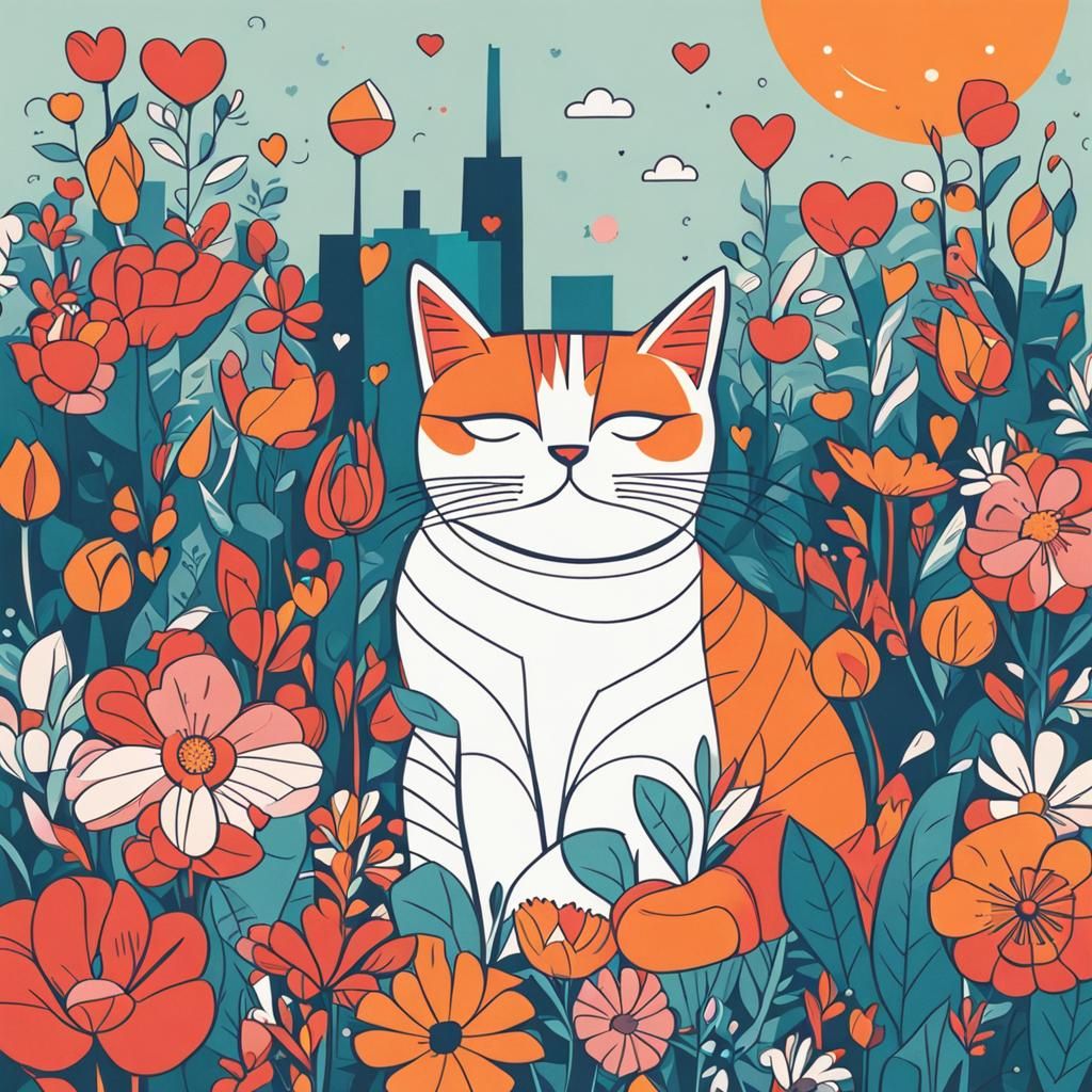 Cute Cat with Flowers in Pop Art Style