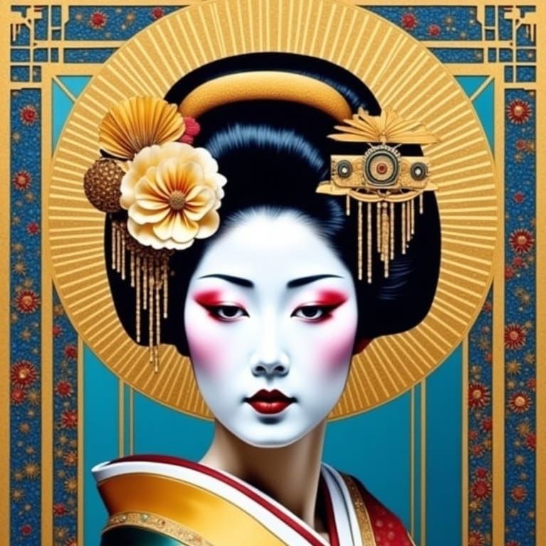 Geisha with Flower Crown in Neo-Impressionist Style