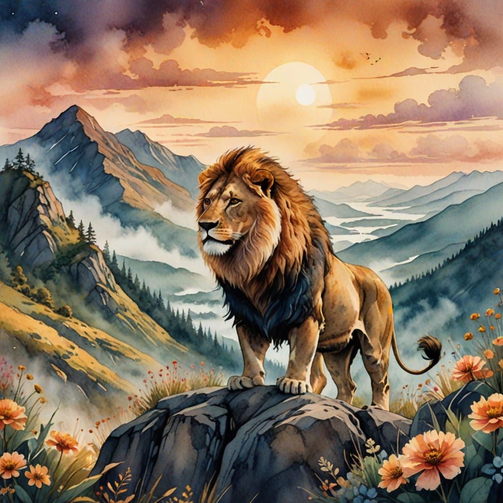 Lion on Misty Mountain in Watercolor Style