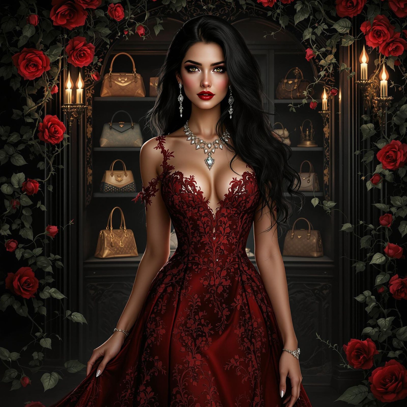 Elegant Gothic Woman in Luxury Boutique