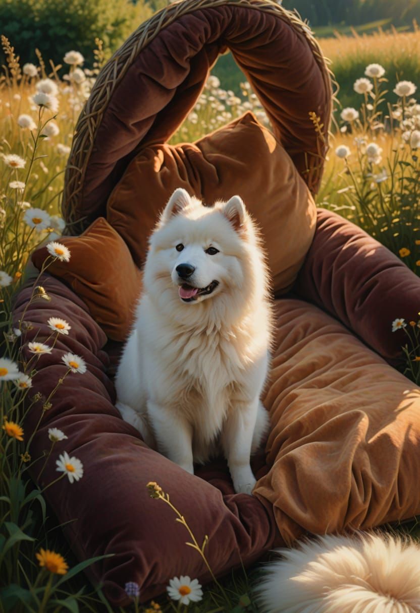 Samoyed Dog in Meadow: Impressionist Digital Art