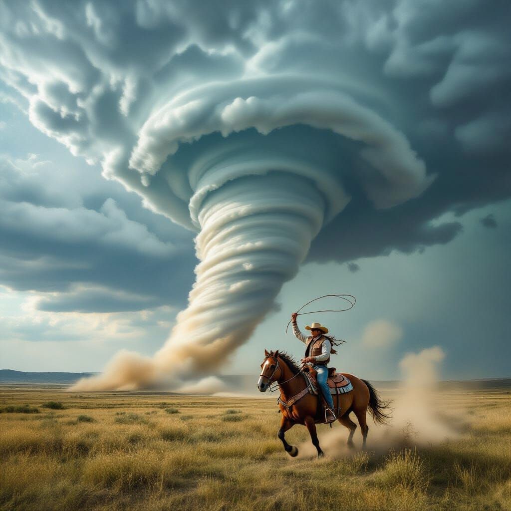 Cowboy Lassoing Tornado in the American West