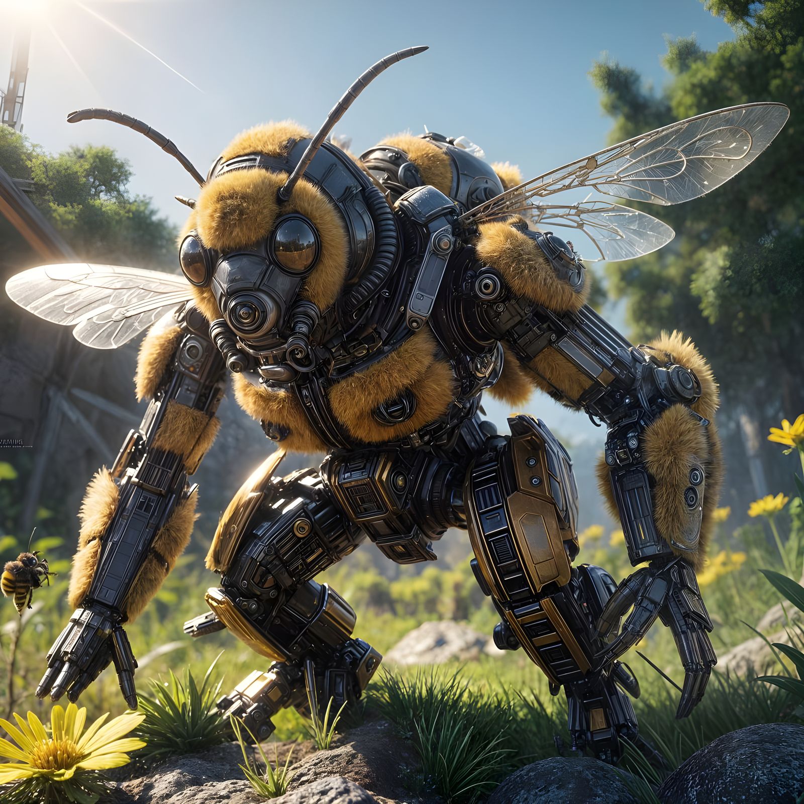 Shimmering Bumblebee in Sci-Fi Landscape