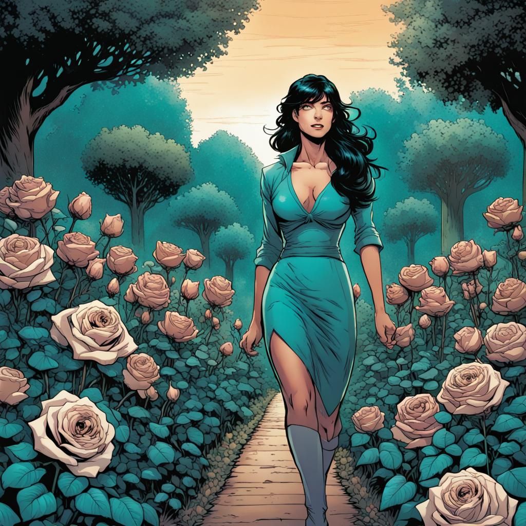 Woman in Teal Rose Garden, Comic Book Art
