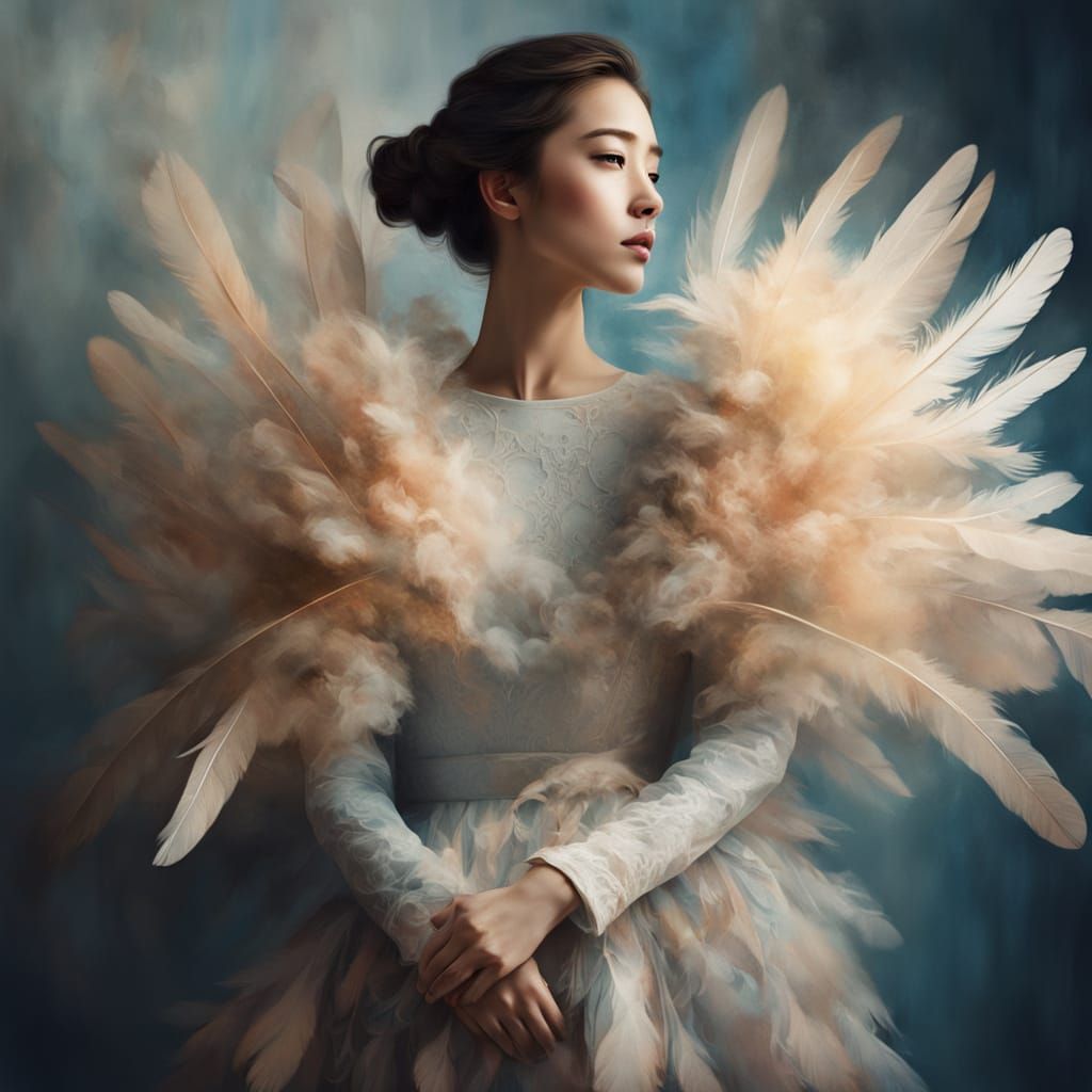 Dreamy Watercolor Portrait of a Woman in Feather Outfit