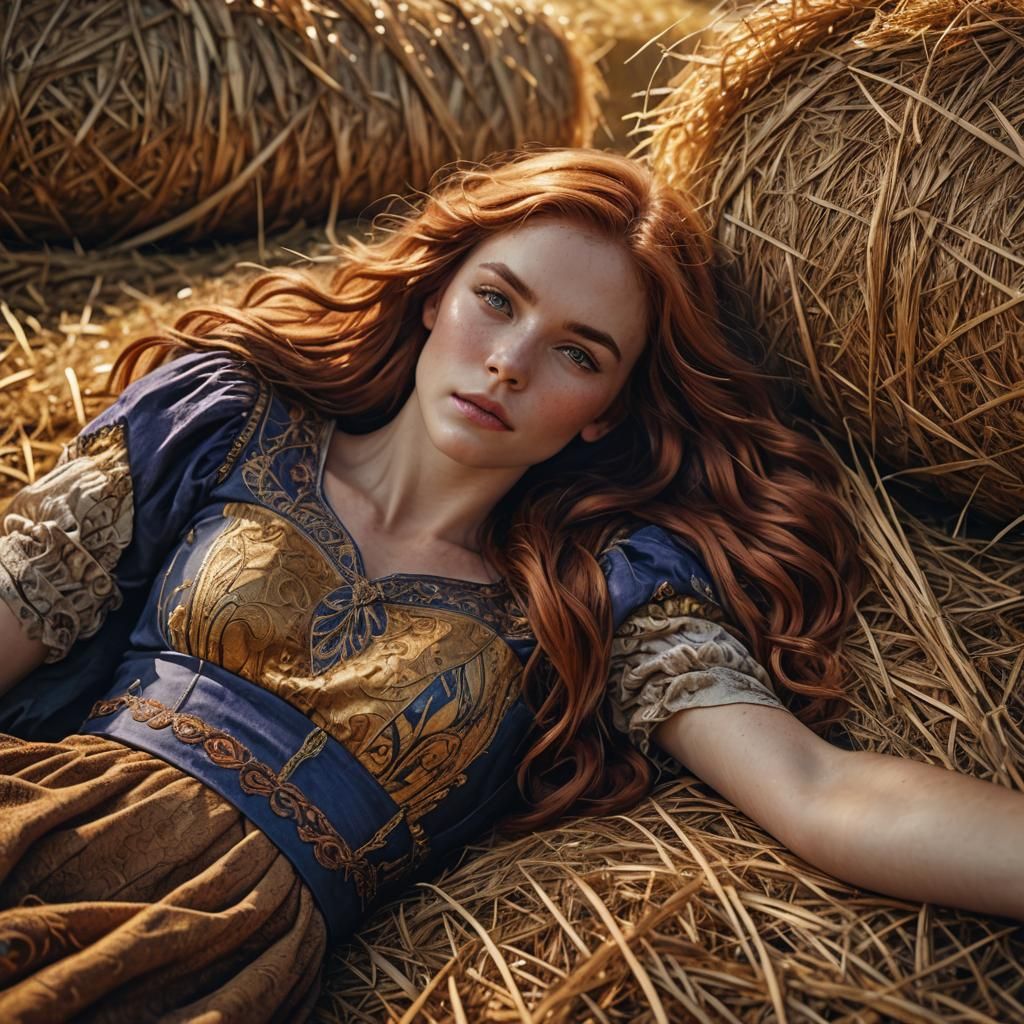 Auburn Haired Lady in Hay, Fantasy Art Nouveau