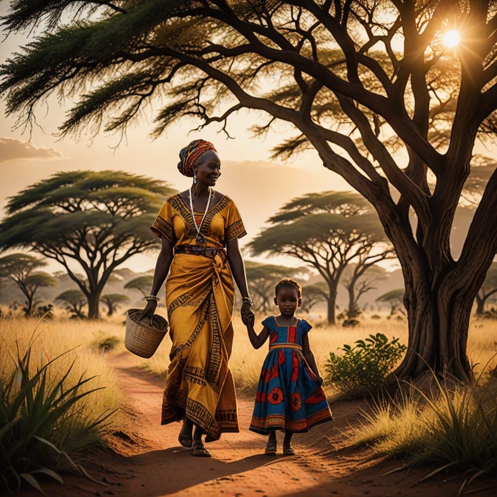 African Mother and Daughter Stroll through Lush Savannah