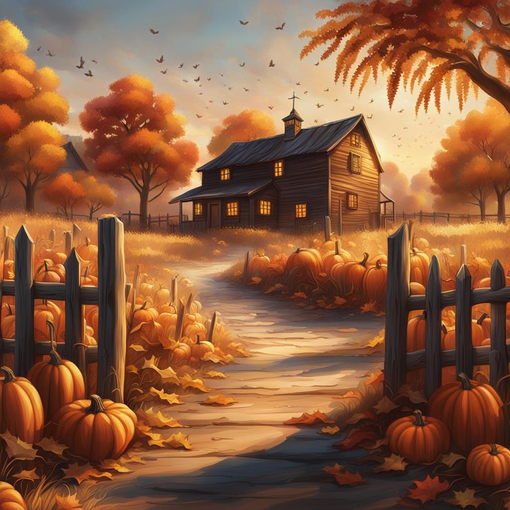 Autumnal Homestead Scene with Pumpkins and Bokeh