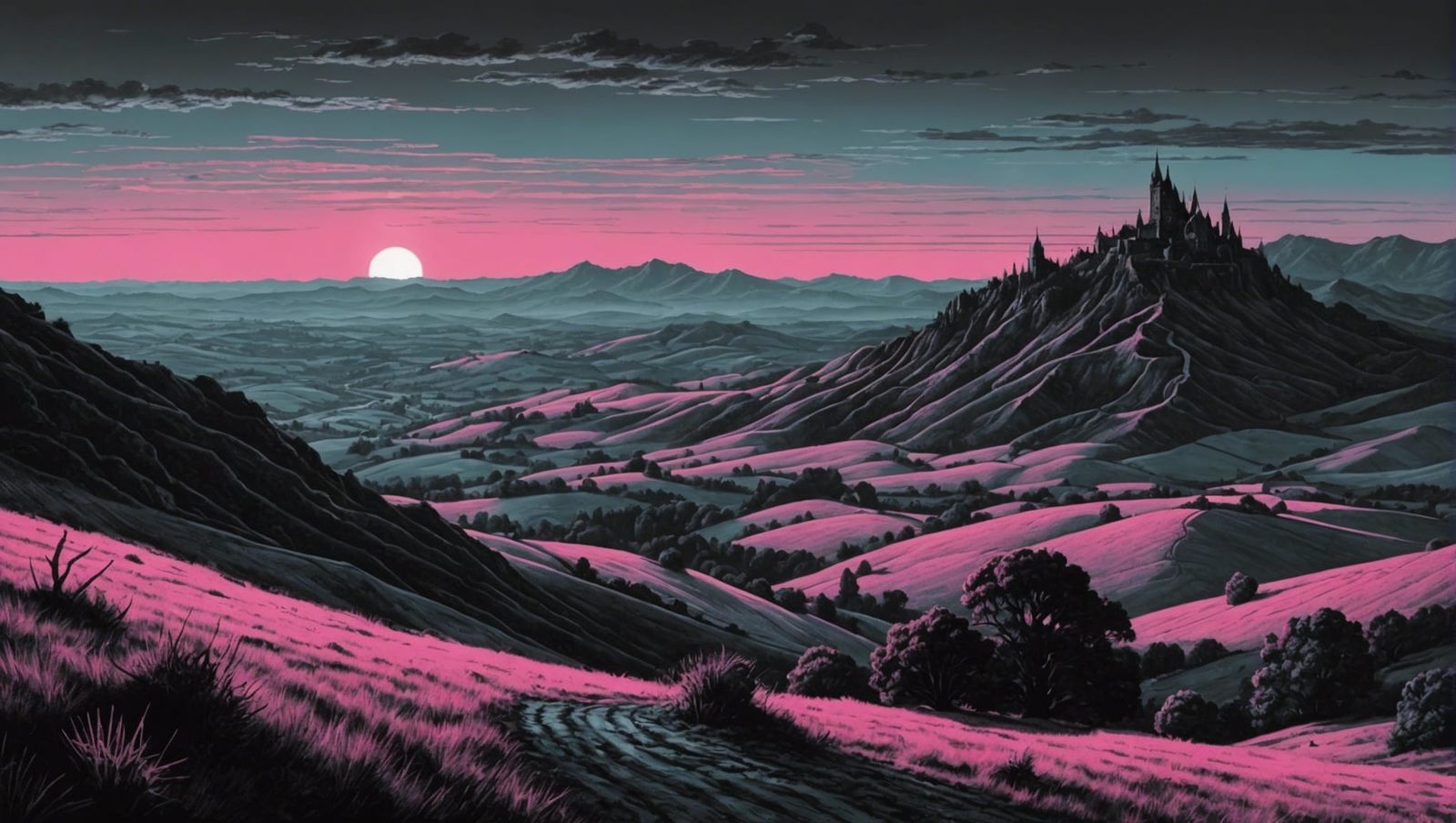 Synthwave Swinelands: A Hyperdetailed Charcoal Drawing