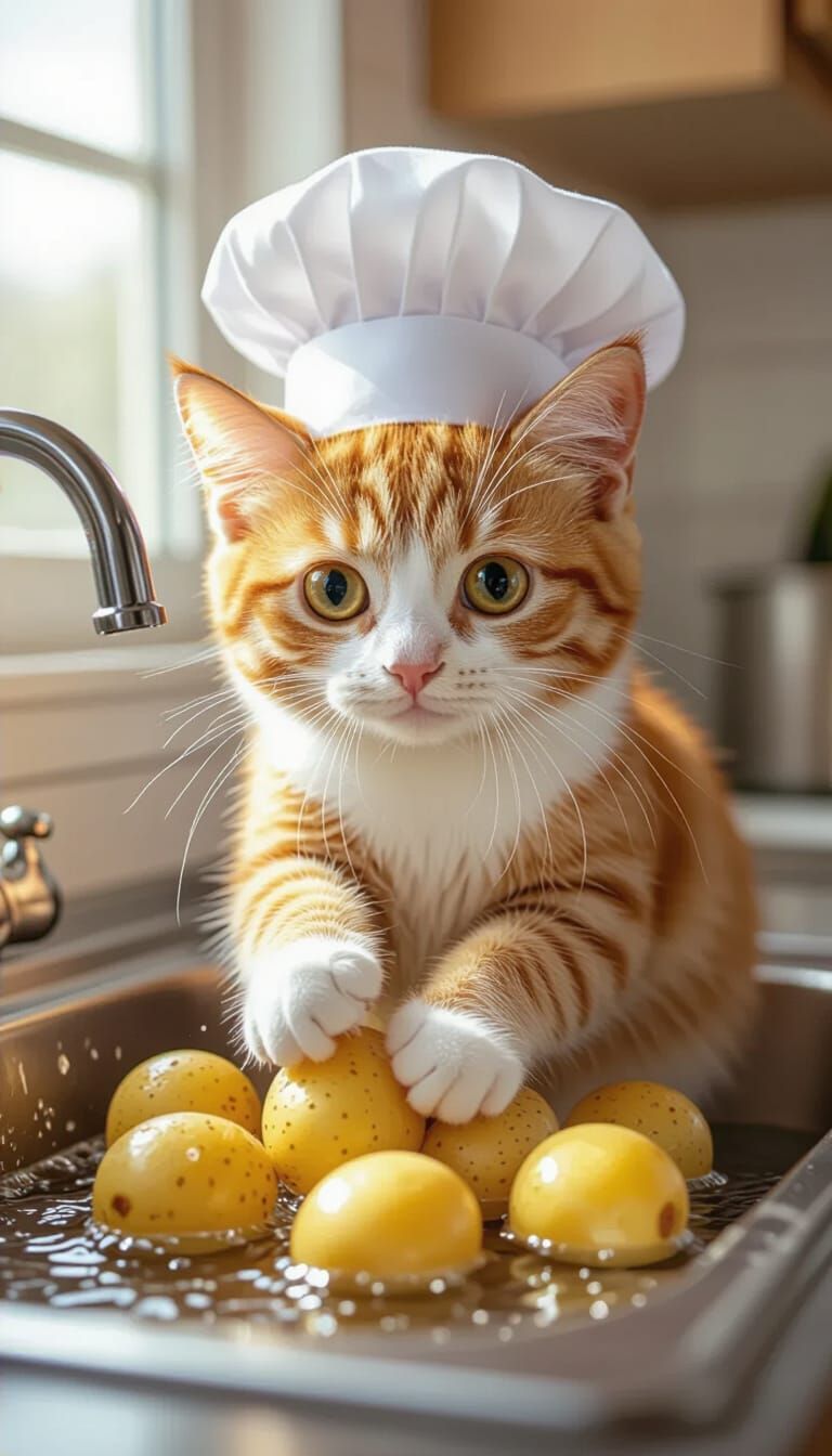 Cat Chef Washing Potatoes in Kitchen Sink