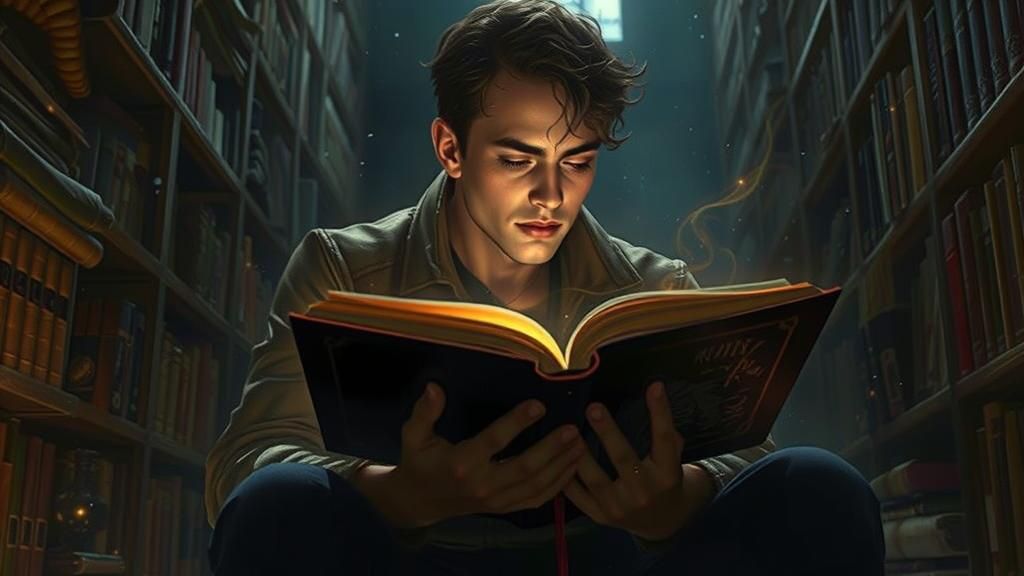 Radiant Book Illuminates Scholar in Dreamlike Scene