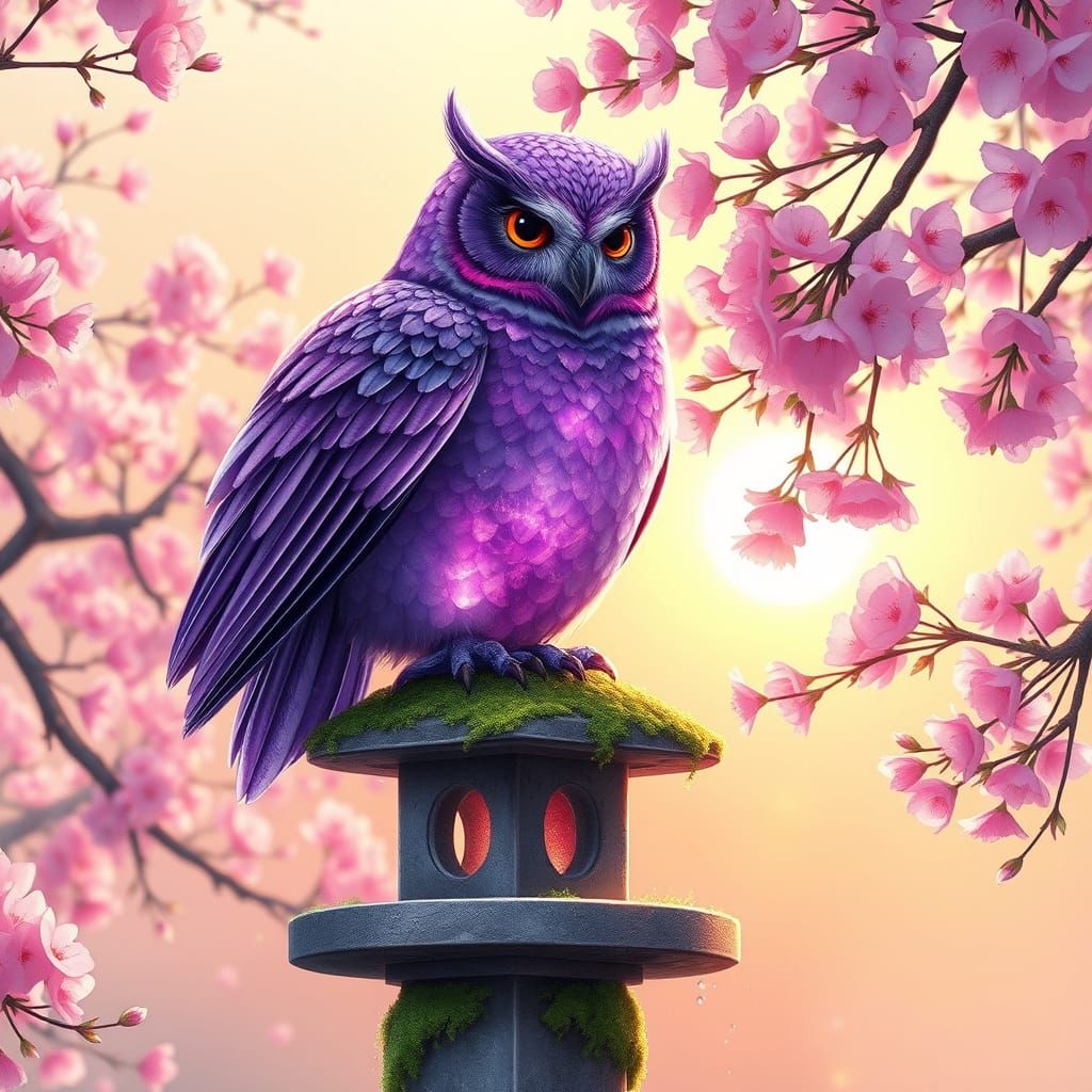 Purple Crystal Owl Amidst Vibrant Cherry Blossoms in Serene ...