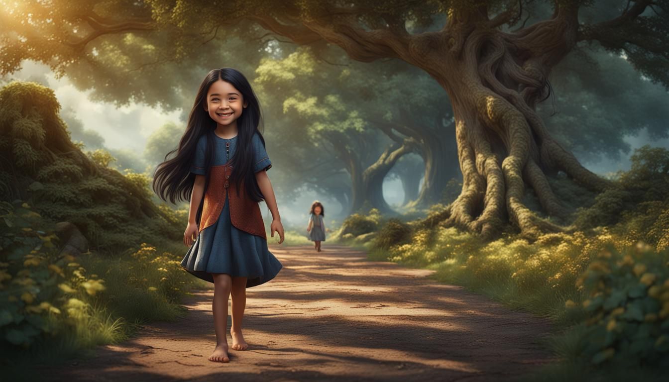Smiling Girl Among Oak Trees: Photorealistic Matte Painting