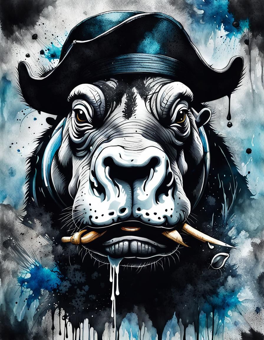 Pirate Hippo Ink Illustration in Chiaroscuro Style