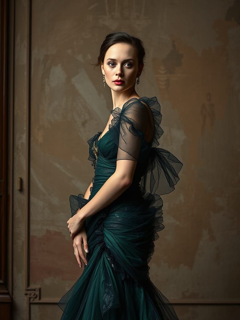 Elegant Woman as Renaissance Muse in Baroque Setting