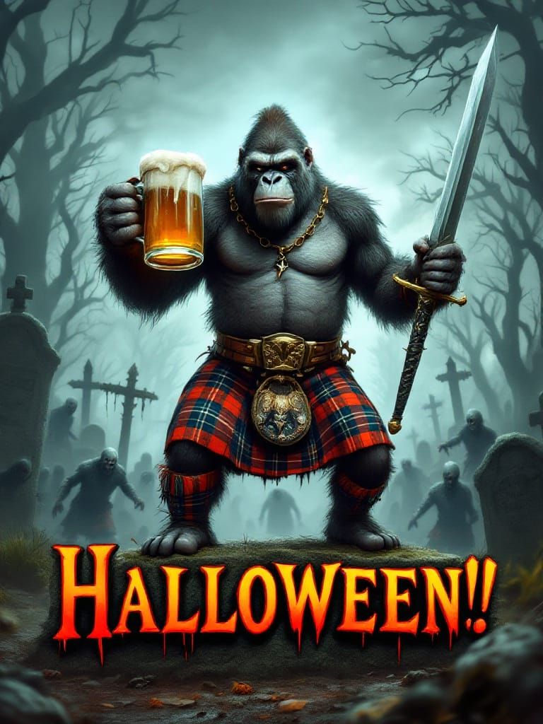 Halloween Gorilla in Kilt with Braveheart Sword