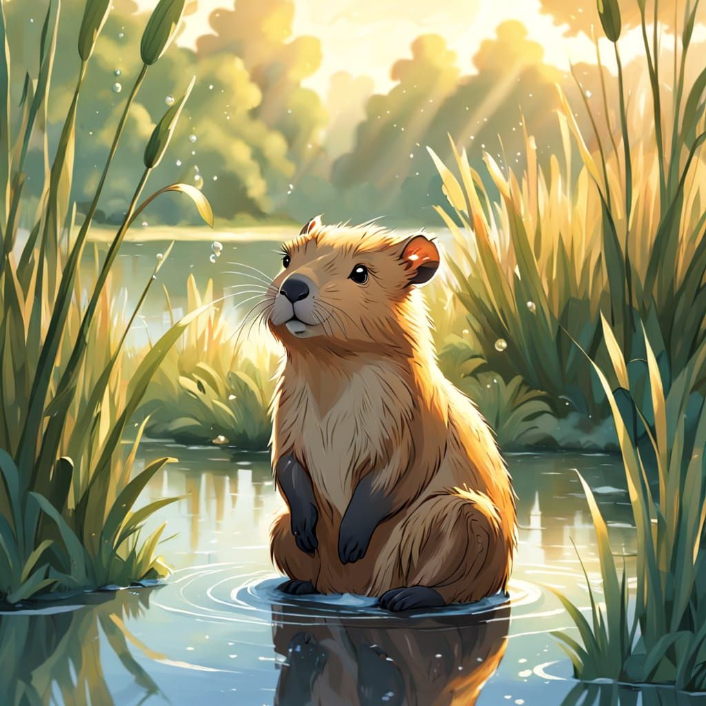 Cute Capybara by Serene Lake in Golden Hour