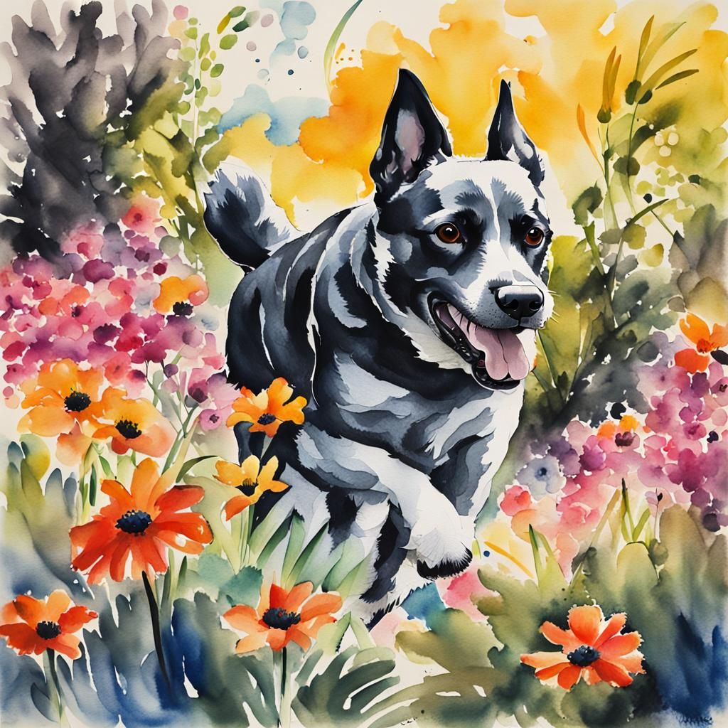 Dog Playing in Garden as Ink-Wash Painting