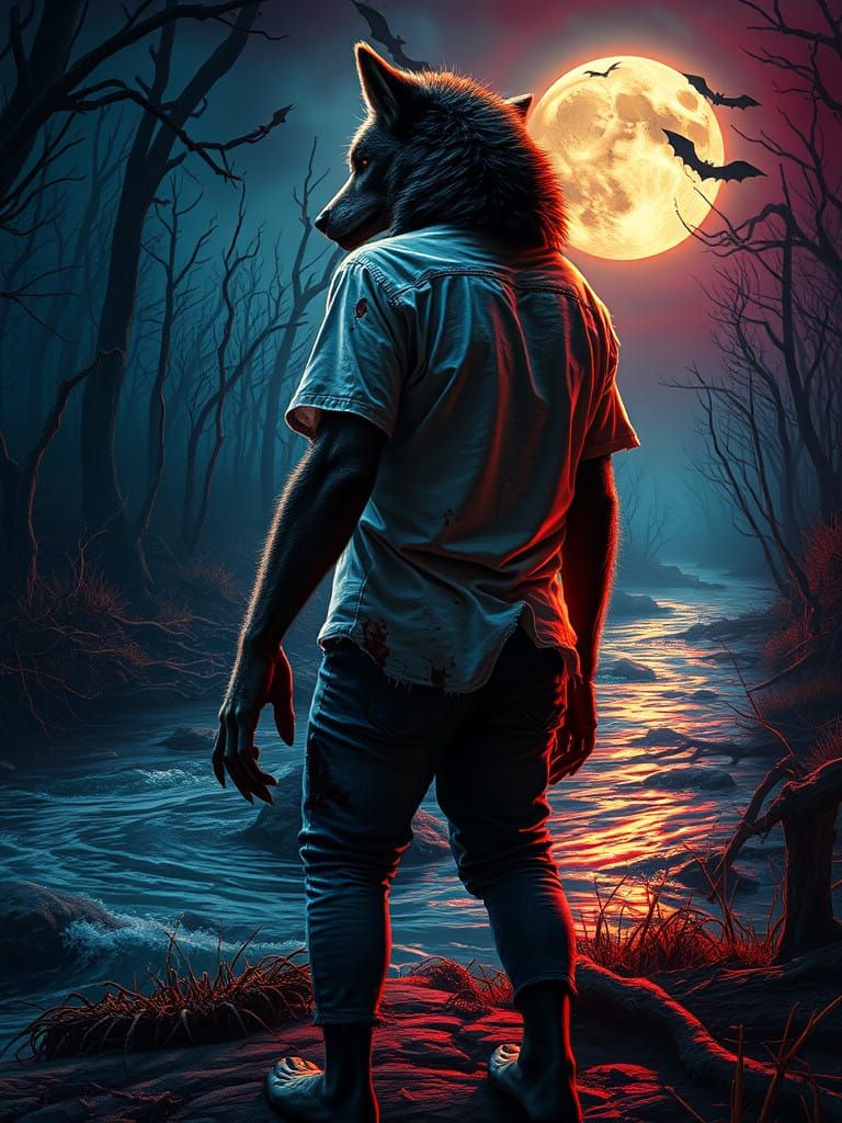 Eerie Dark Forest Scene under a Haunting Full Moon