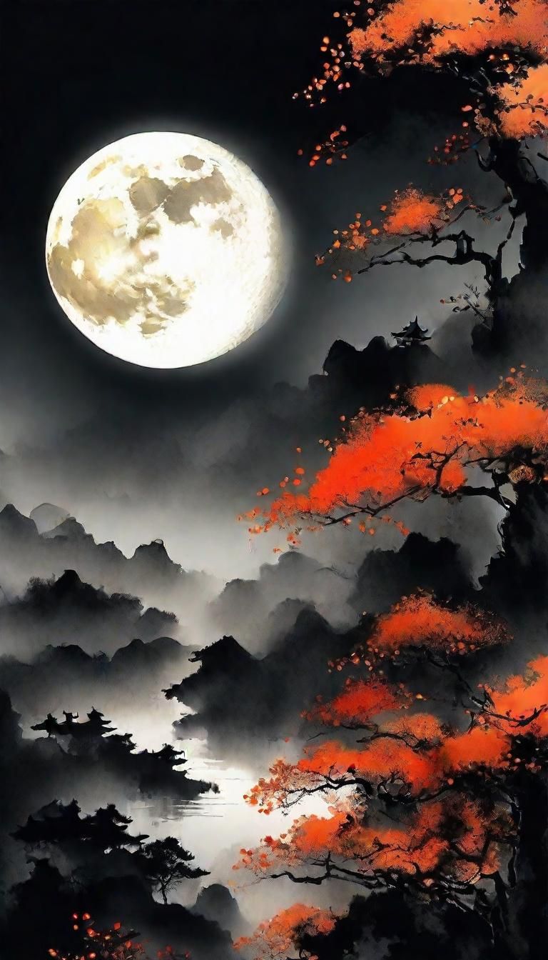 Autumn Night in Chinese Ink Painting Style